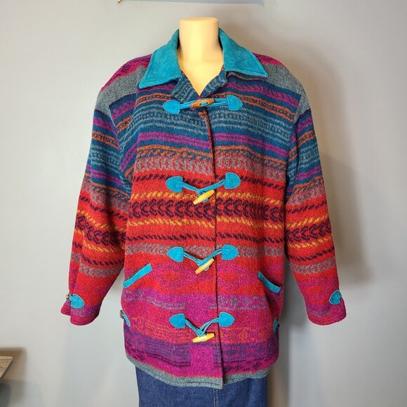 Vintage 90s Kathryn Deene Aztec Blanket Coat Wool Leather Size 14/16 Western - Picture 1 of 13